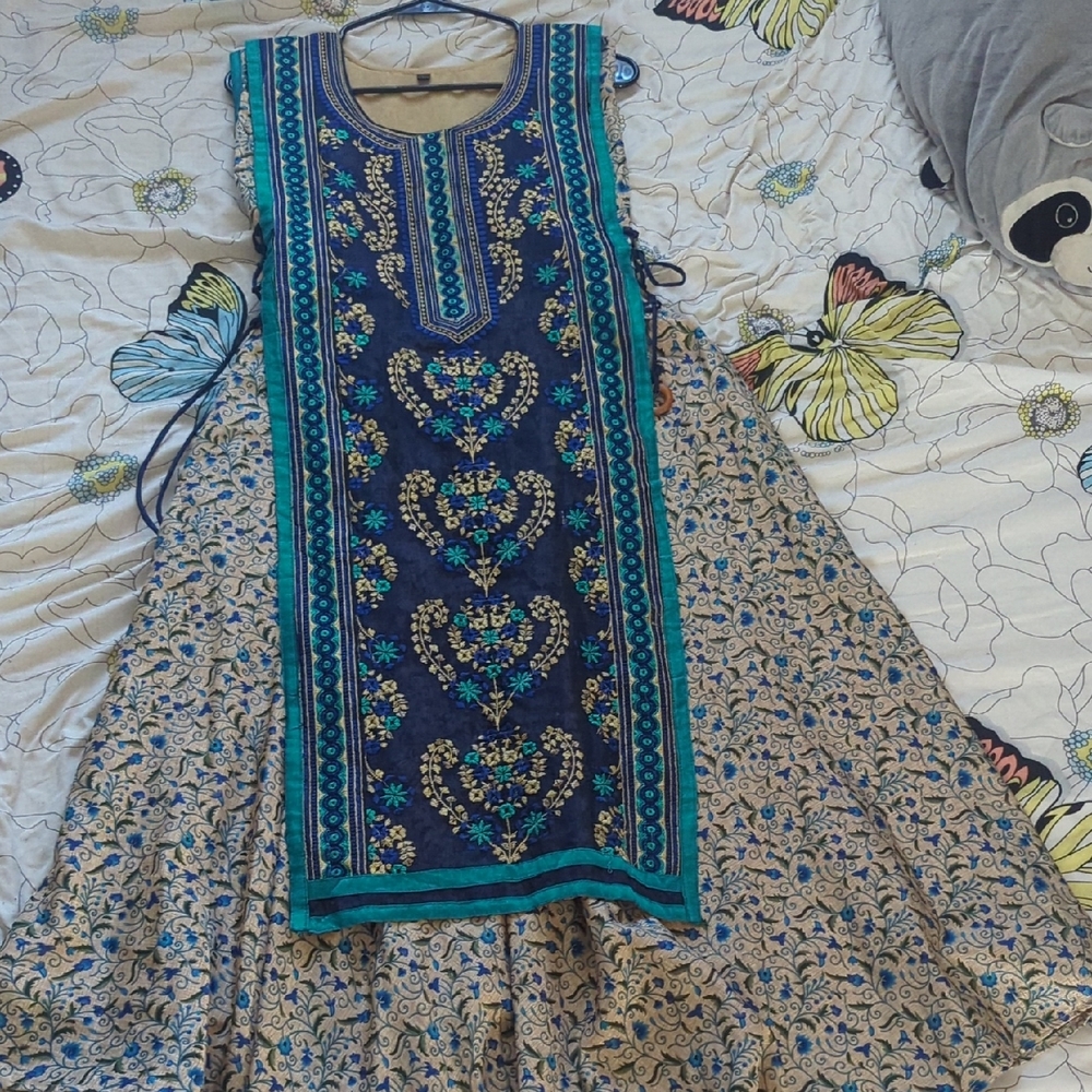 NWOT Blue and Tan Embellished Tiered Maxi Sundress
